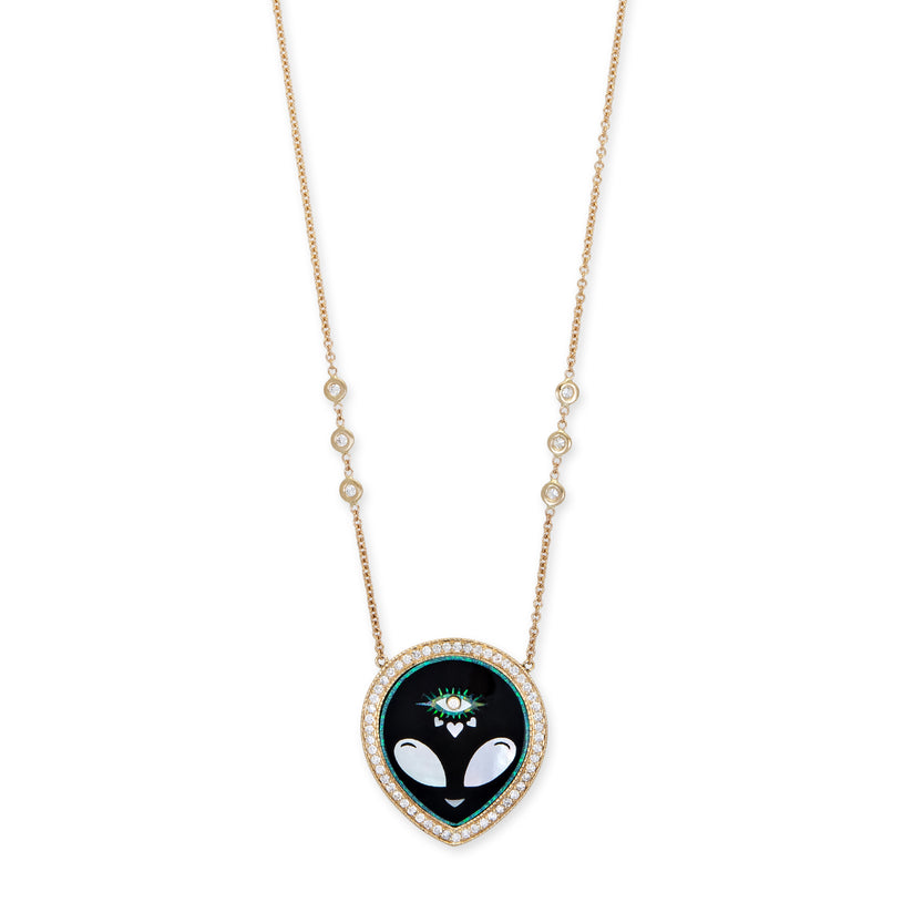 PAVE ONYX + PEARL ALIEN HEART EYE INLAY NECKLACE