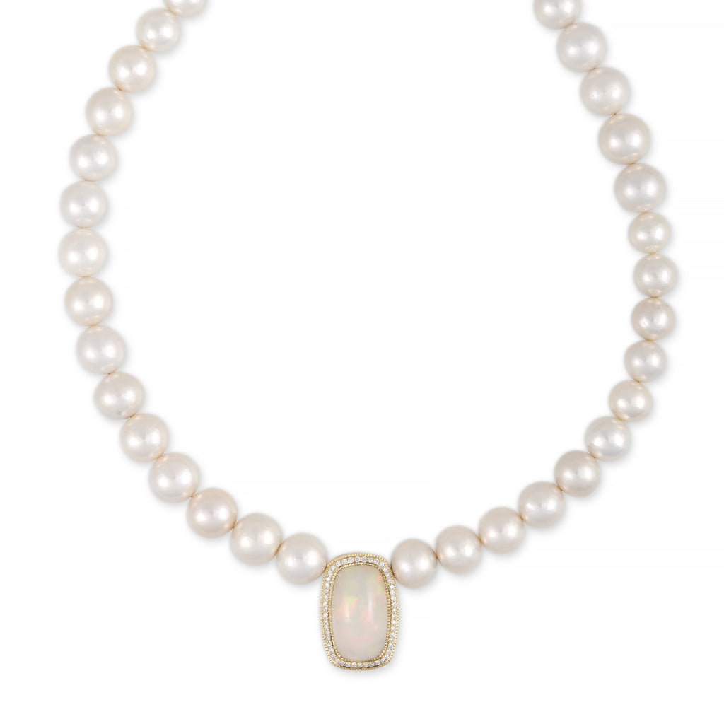 PAVE OPAL ROUNDED RECTANGLE CENTER FRESHWATER PEARL BEADED NECKLACE