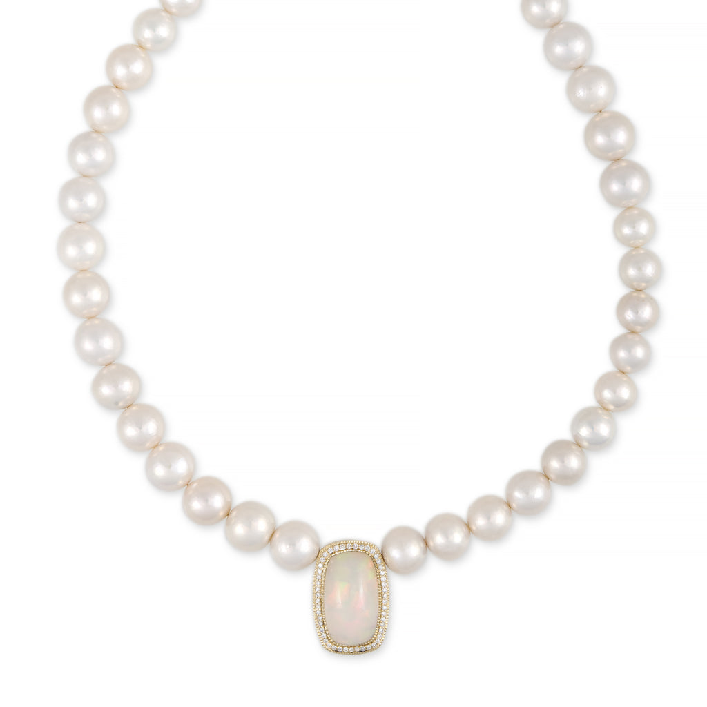Pavé Opal Rounded Rectangle Center Freshwater Pearl Beaded Necklace