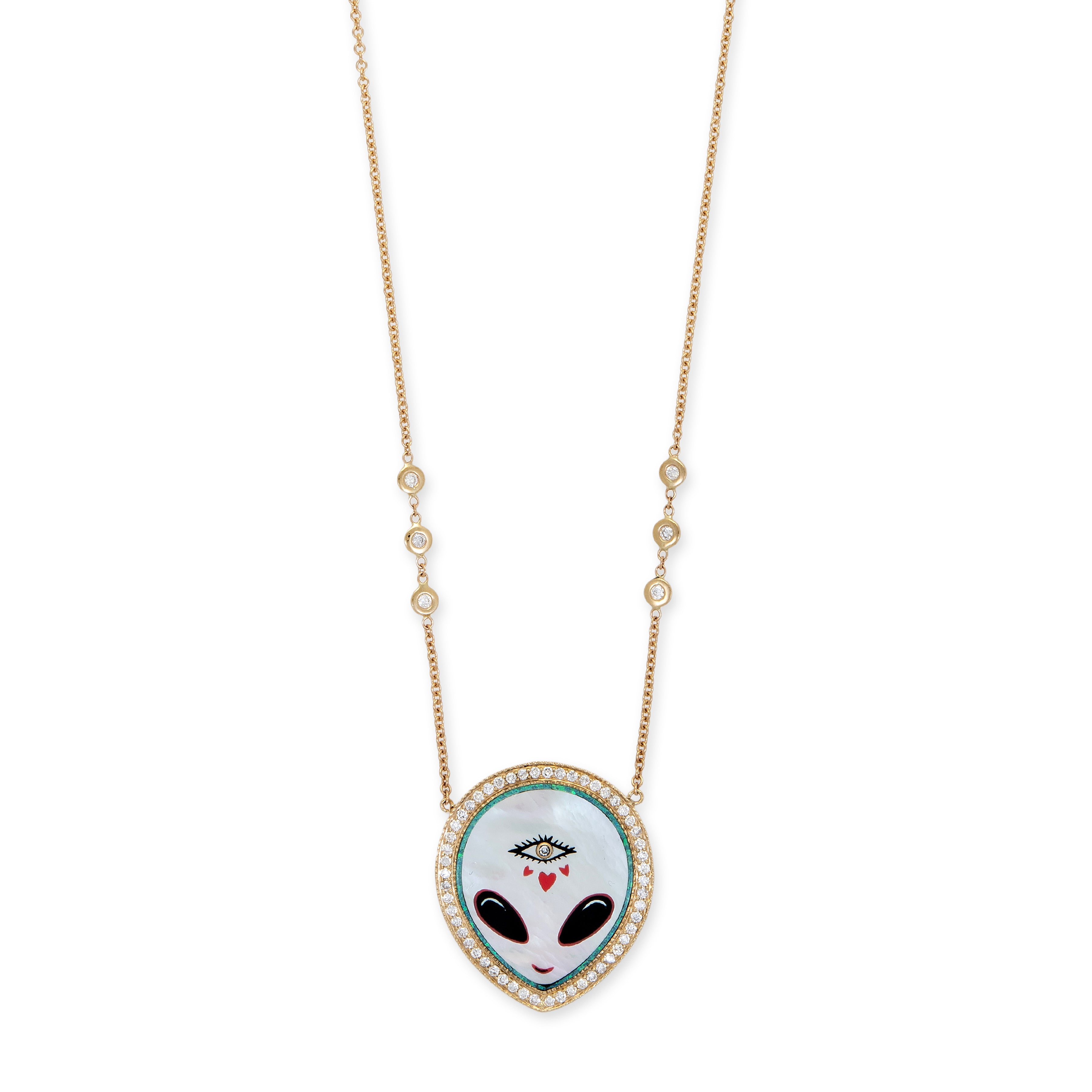 PAVE PEARL + ONYX ALIEN HEART EYE INLAY NECKLACE