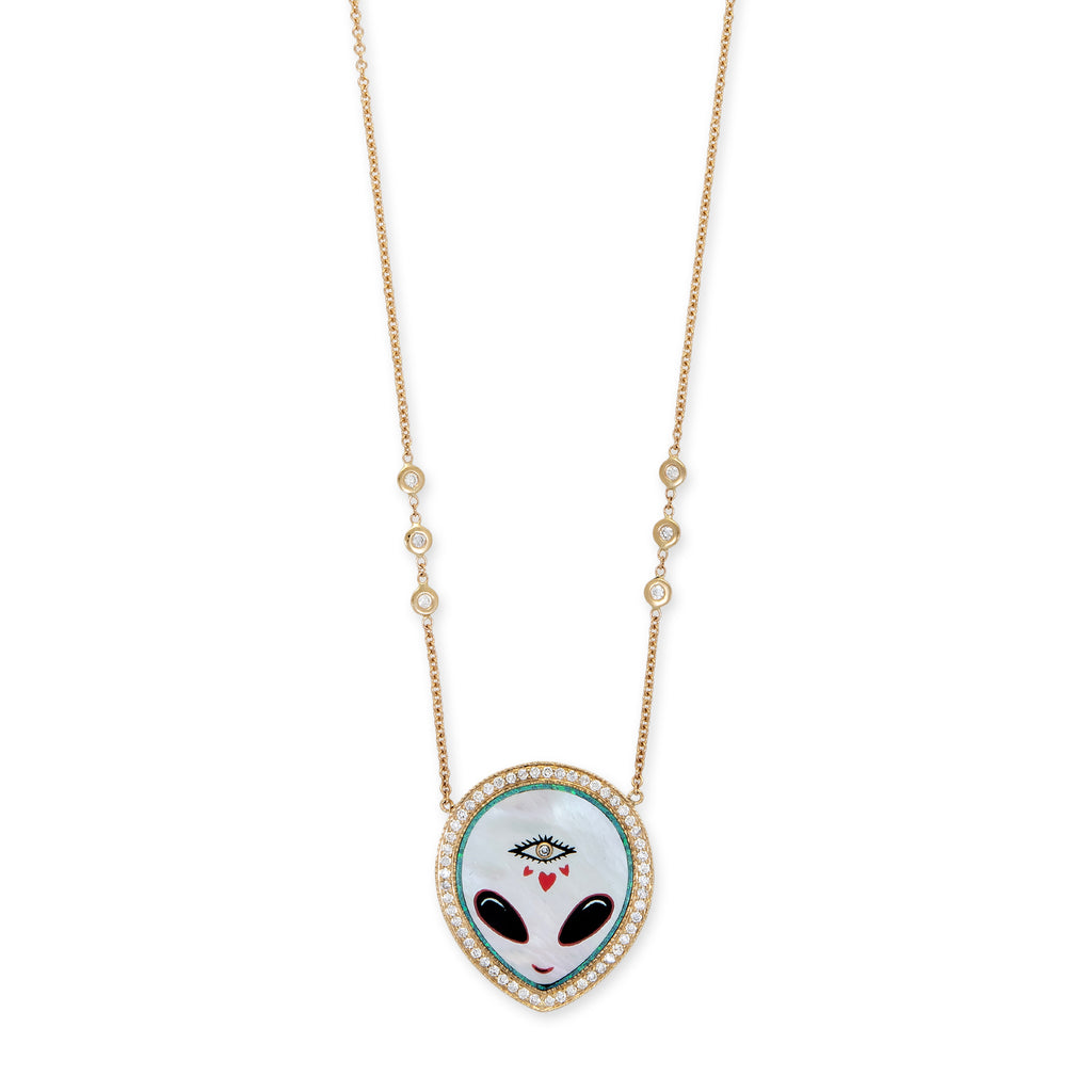 PAVE PEARL + ONYX ALIEN HEART EYE INLAY NECKLACE