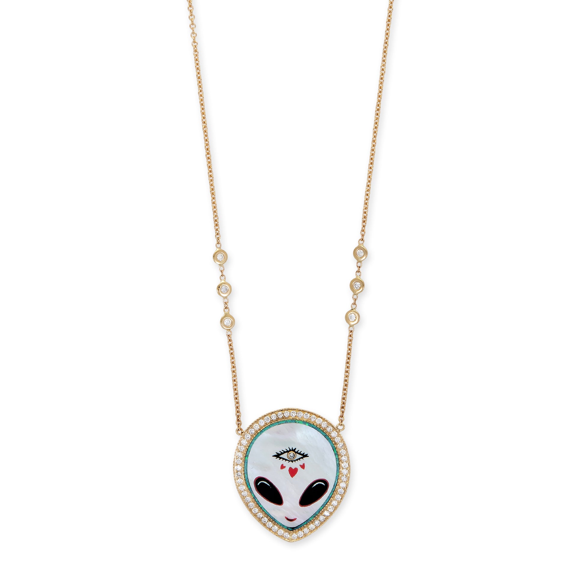 PAVE PEARL + ONYX ALIEN HEART EYE INLAY NECKLACE