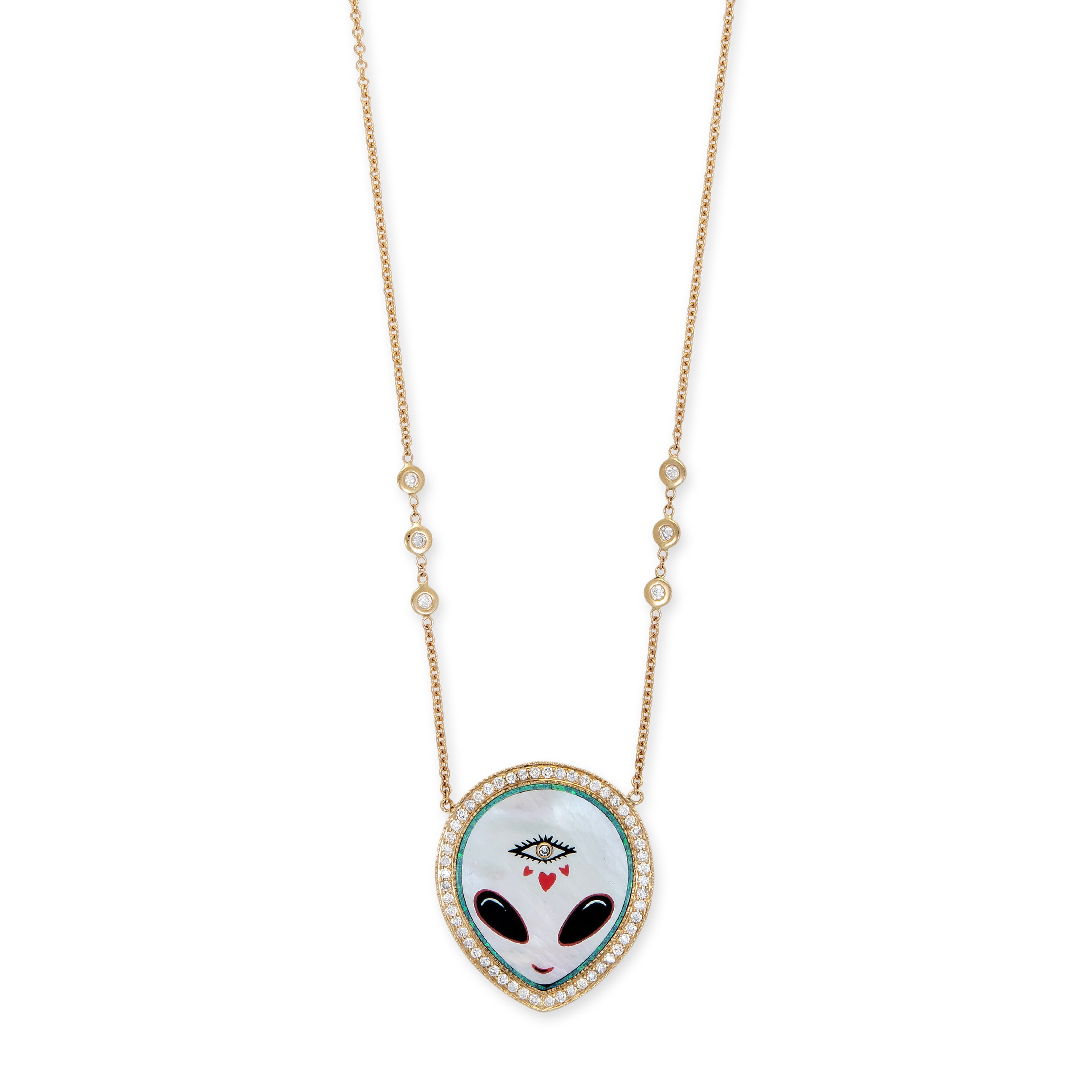 Pave Pearl + Onyx Alien Heart Eye Inlay Necklace
