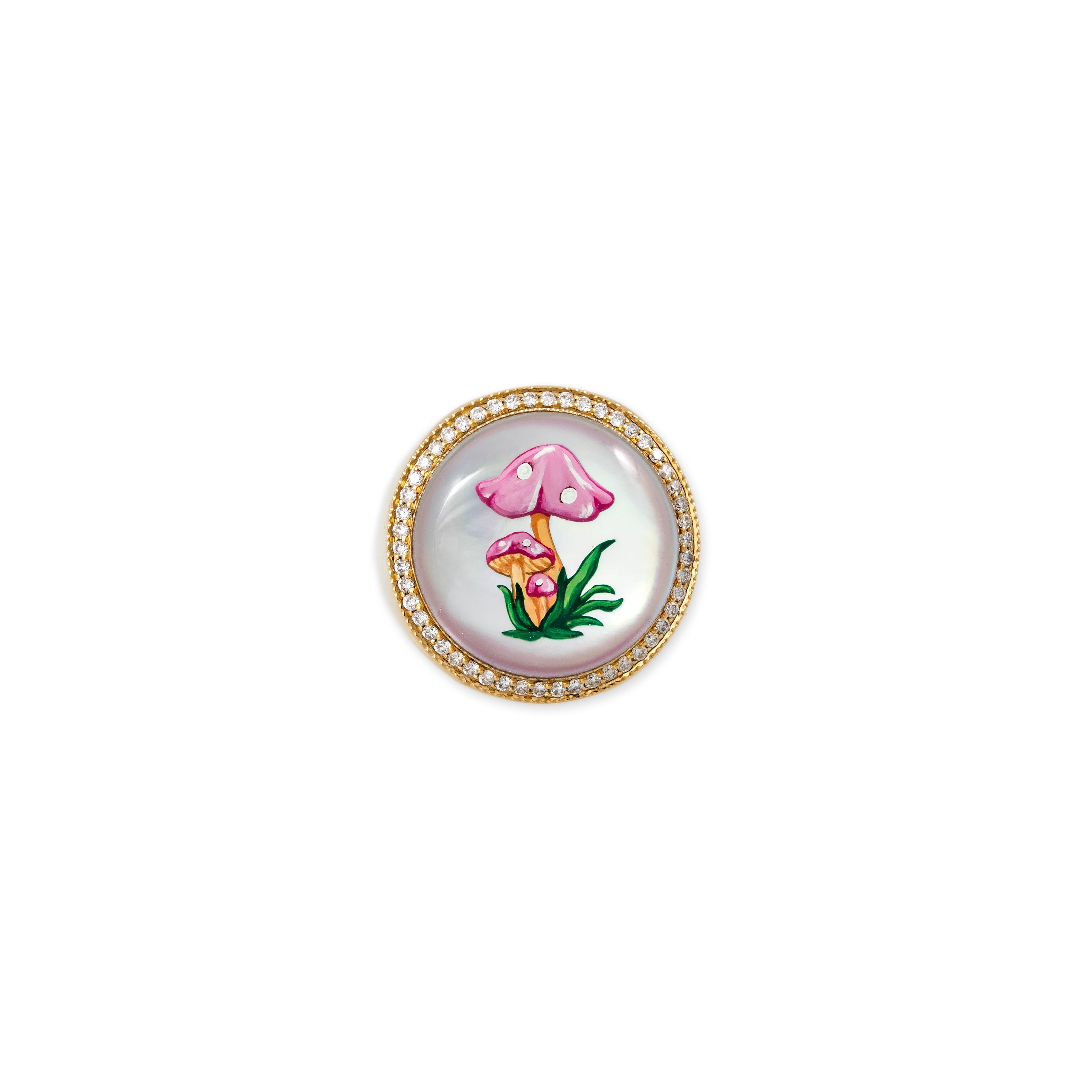 PAVE HAND PAINTED PINK MUSHROOM ON MOTHER OF PEARL SIGNET RING