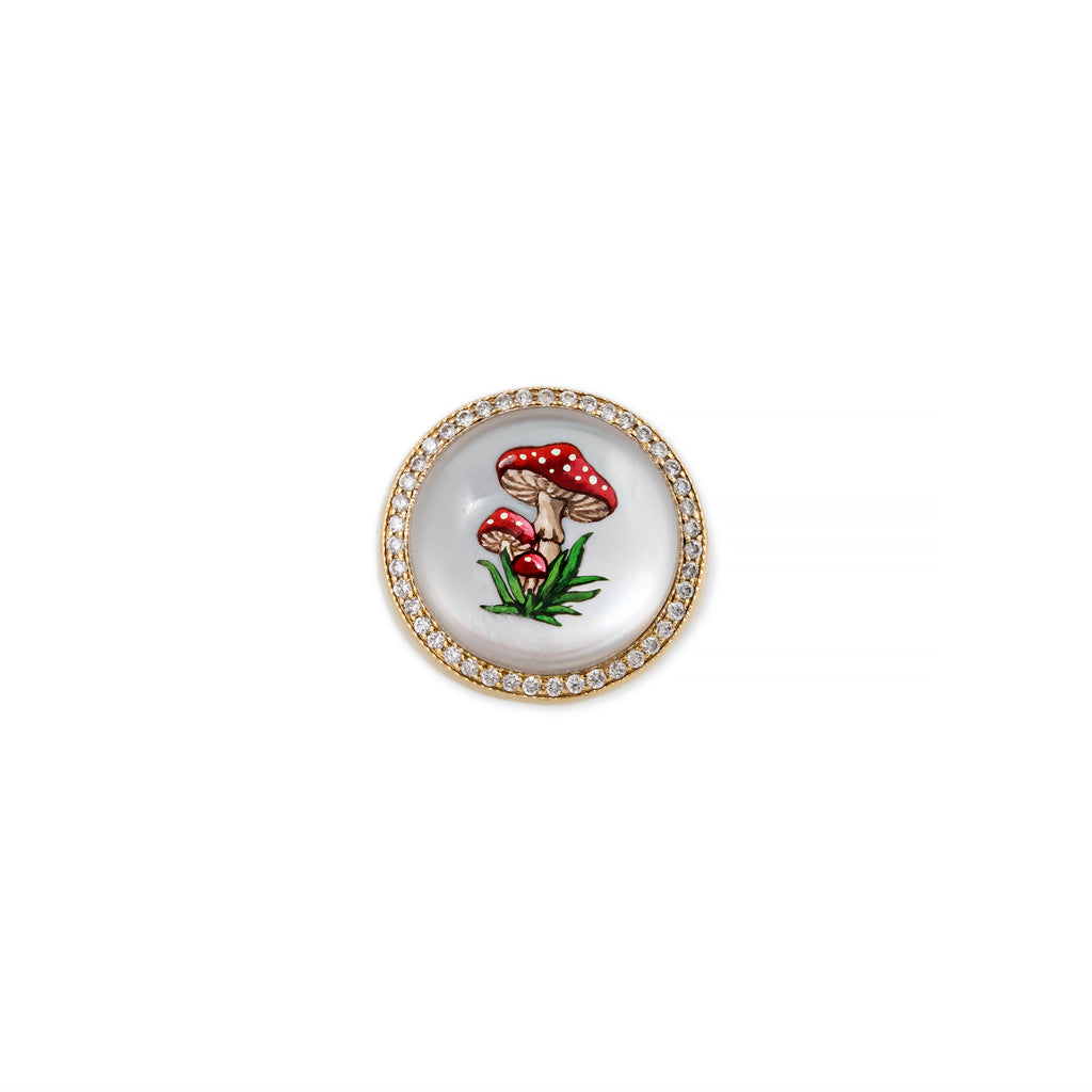 Pave Hand Painted Red Mushroom on Mother of Pearl Signet Ring
