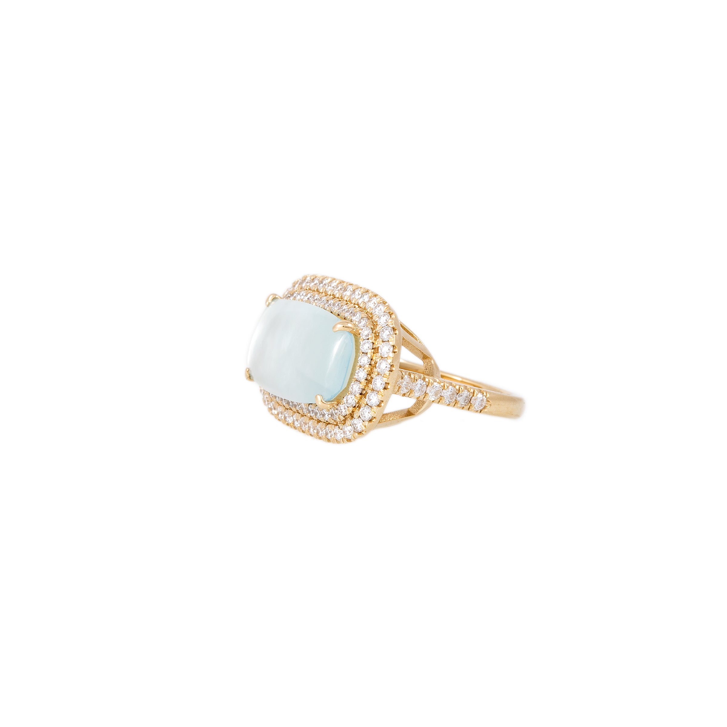 DOUBLE ROW PAVE BORDER SKY TOPAZ + PEARL RECTANGLE RING