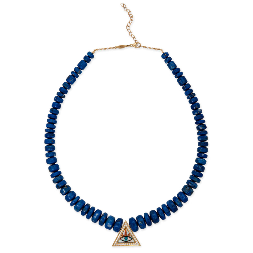 PAVE EYE TRIANGLE INLAY + GRADUATED LAPIS CYLINDER BEADED NECKLACE