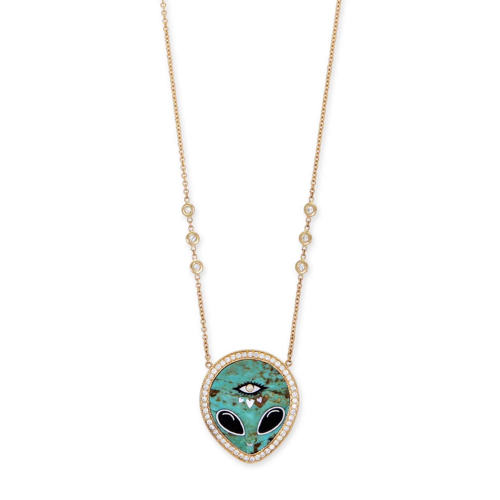 Pave Turquoise + Onyx Alien Heart Eye Inlay Necklace
