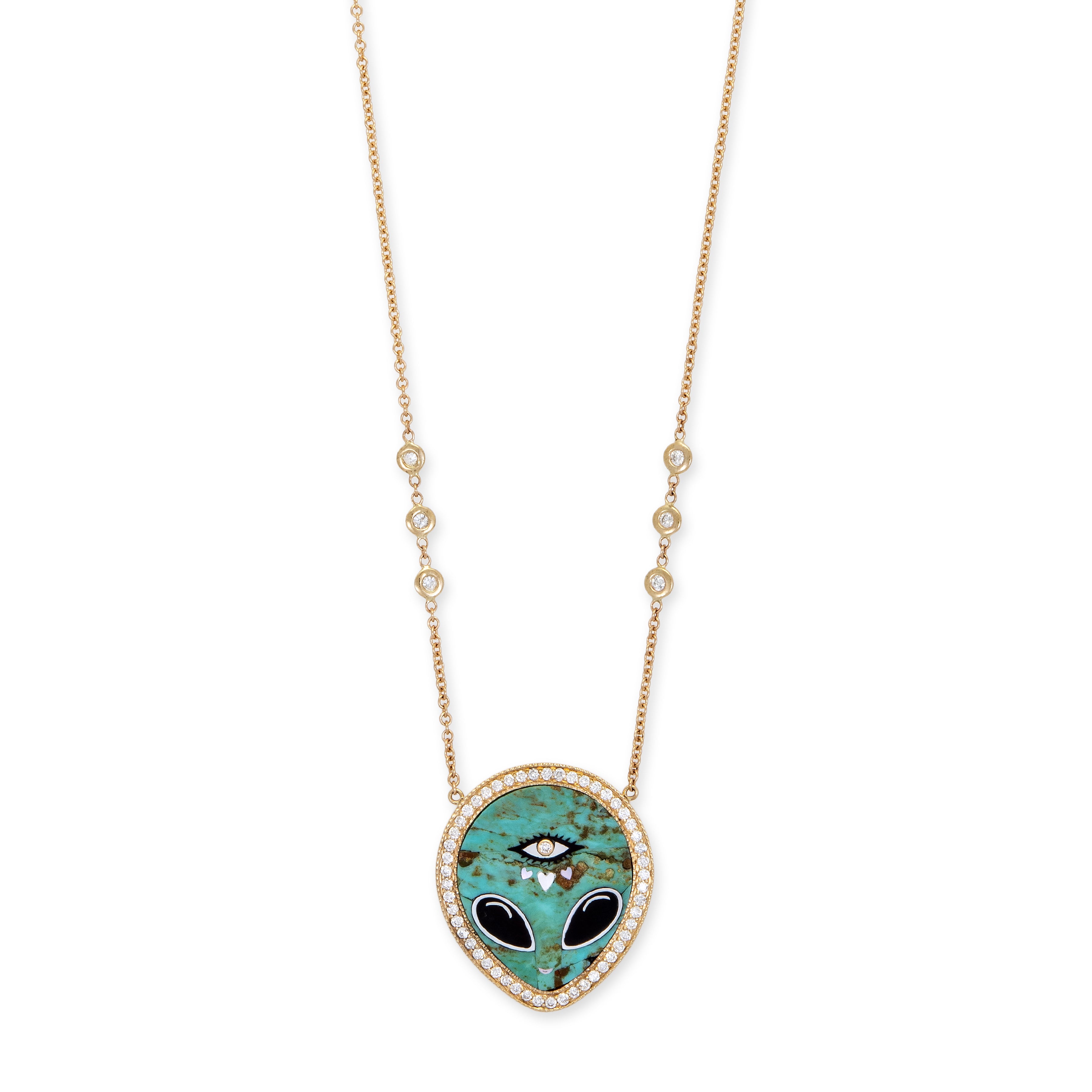 Pave Turquoise + Onyx Alien Heart Eye Inlay Necklace