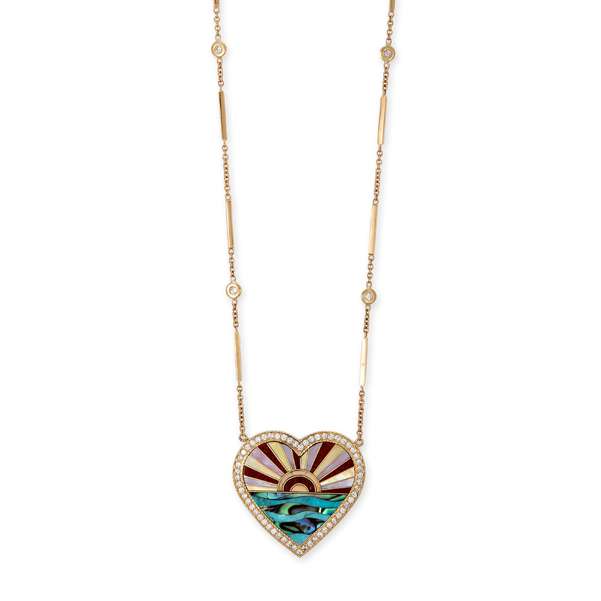 Pavé Coral Sunshine Inlay Heart Smooth Bar Necklace