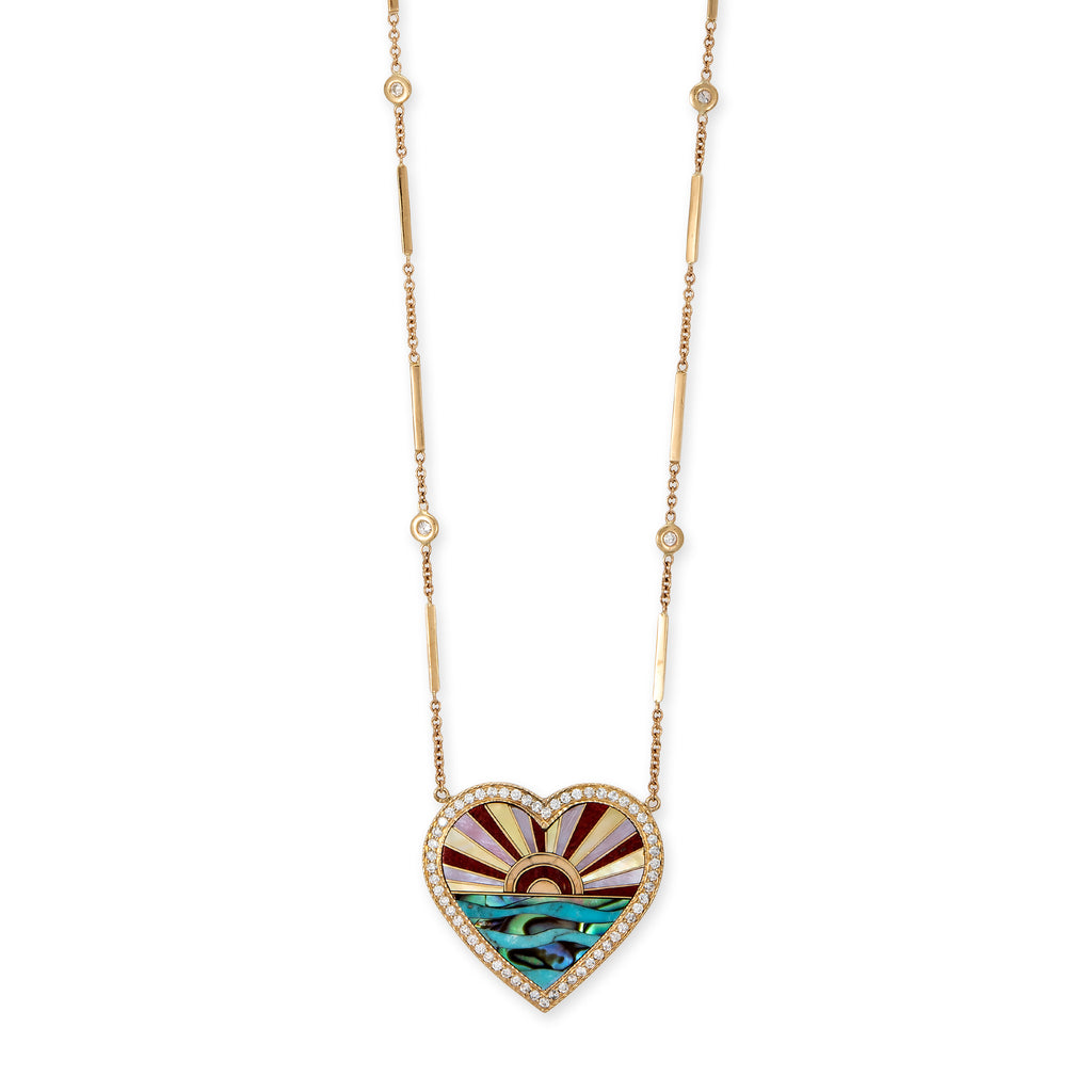 Pavé Coral Sunshine Inlay Heart Smooth Bar Necklace