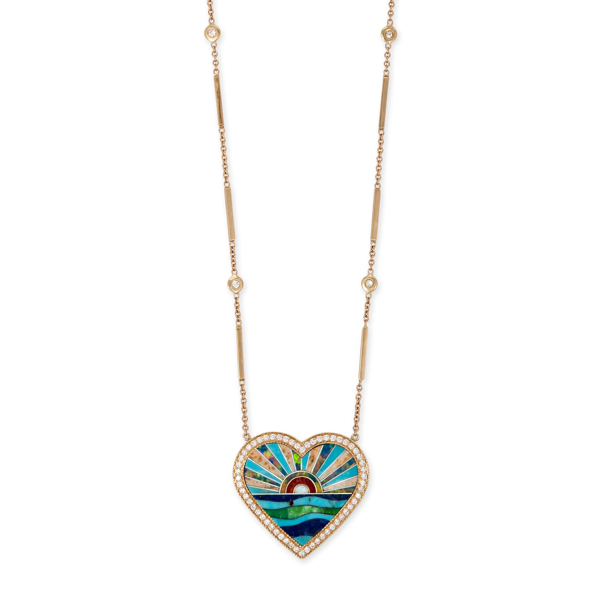 PAVE JASPER SUNSHINE INLAY HEART SMOOTH BAR NECKLACE