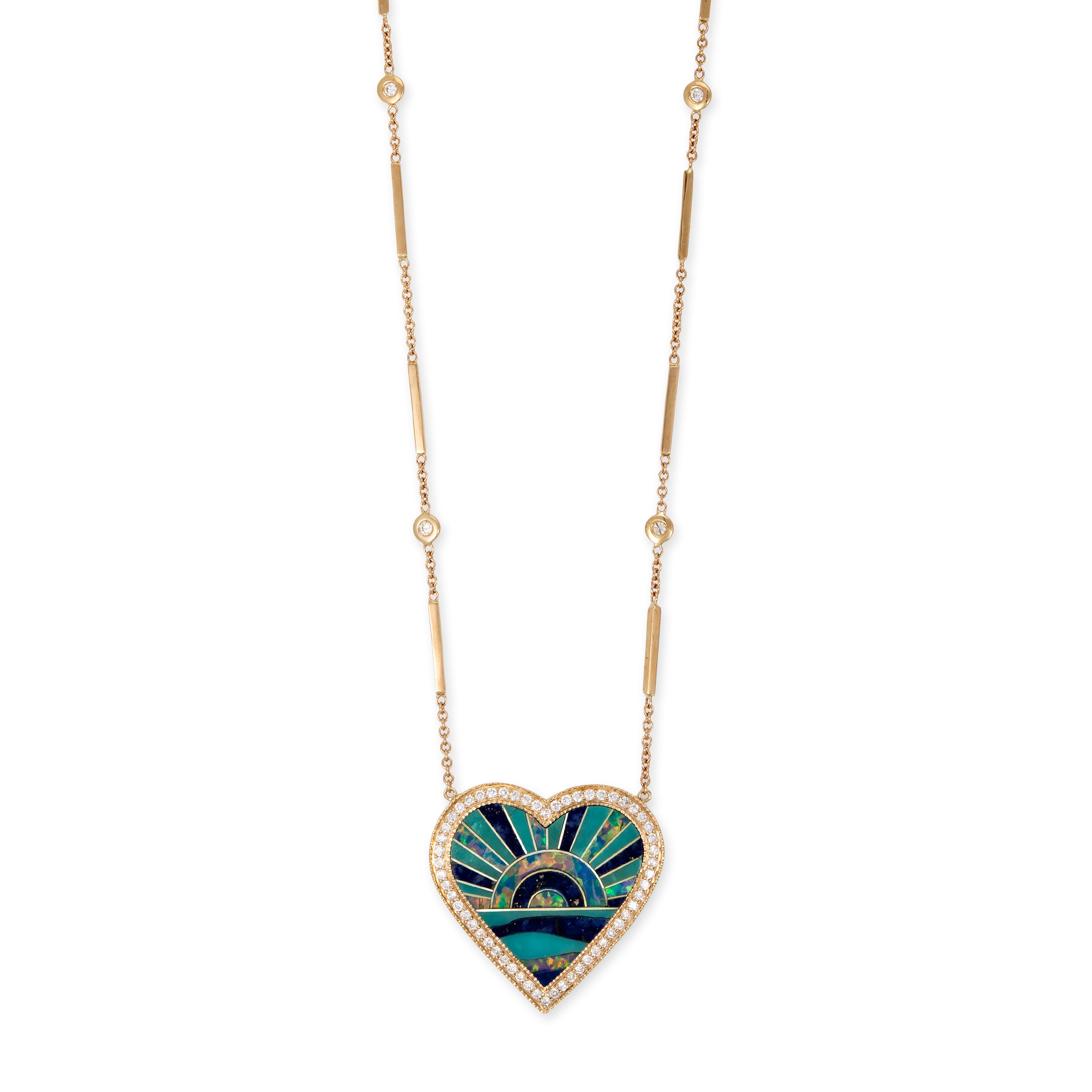 PAVE TURQUOISE SUNSHINE INLAY HEART SMOOTH BAR NECKLACE