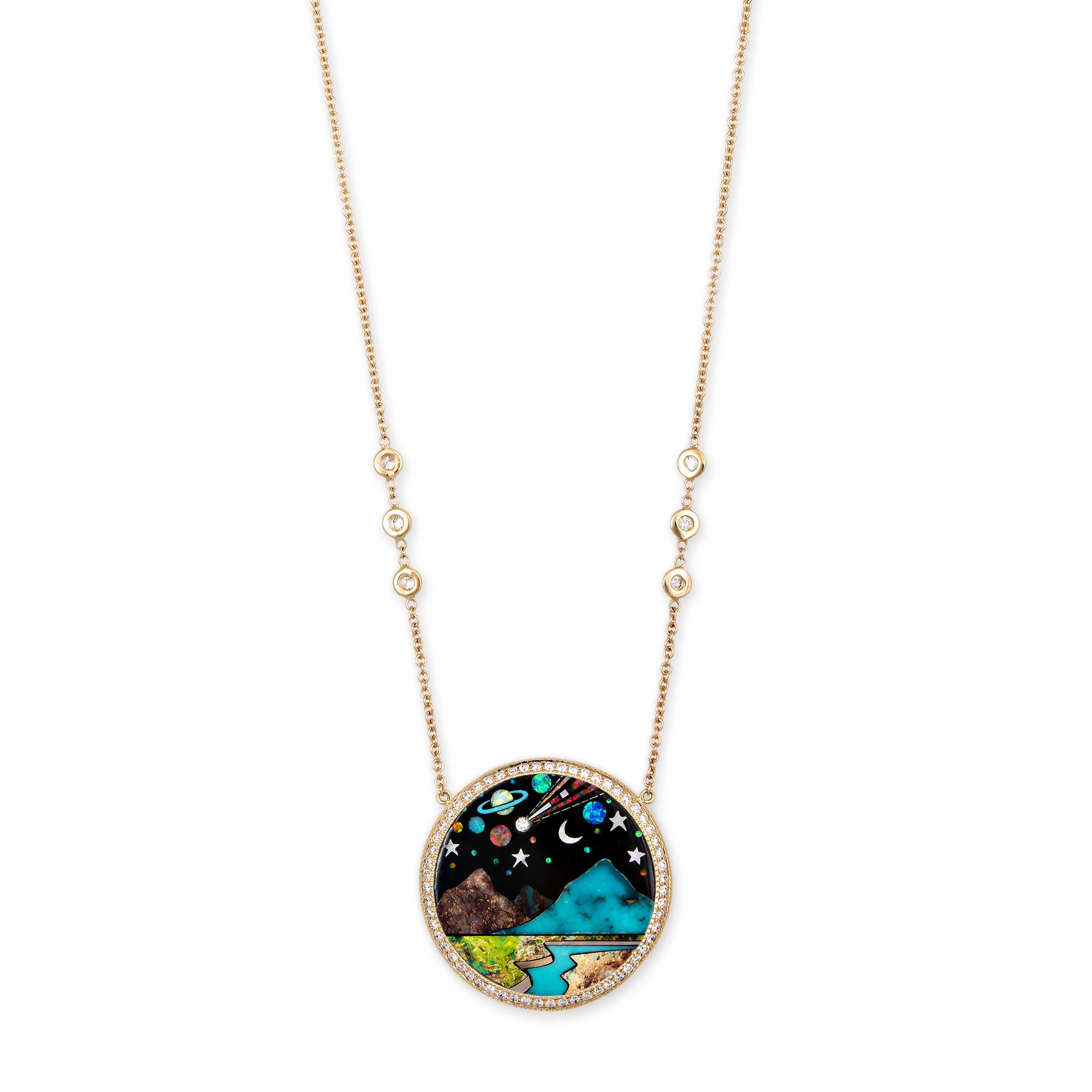 PAVE ROUND ONYX + OPAL SCENIC GALAXY INLAY NECKLACE