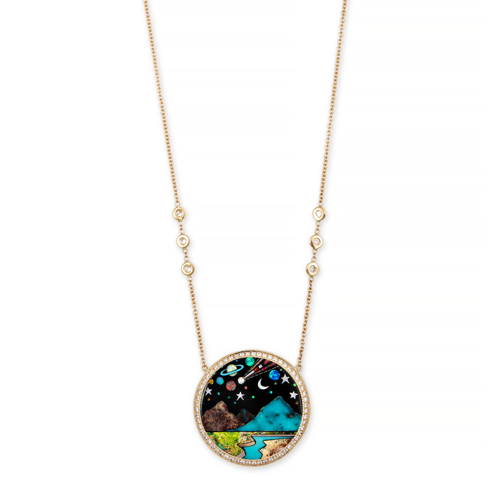Pavé Round Onyx + Opal Scenic Galaxy Inlay Necklace
