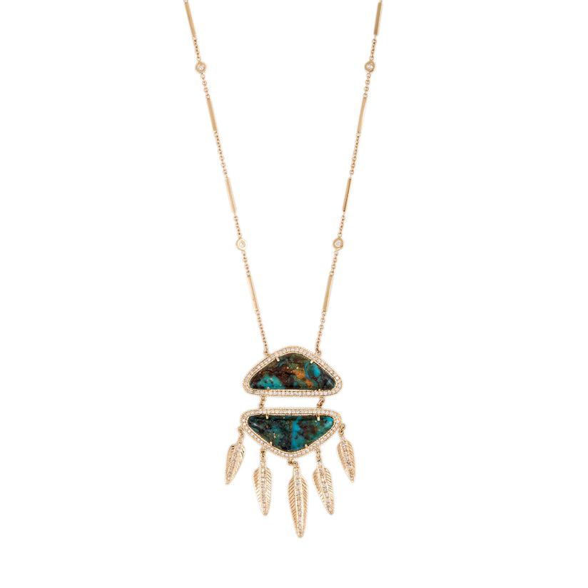 CHRYSOCOLLA PAVE DIAMOND DOUBLE TRIANGLE FEATHER SHAKER NECKLACE