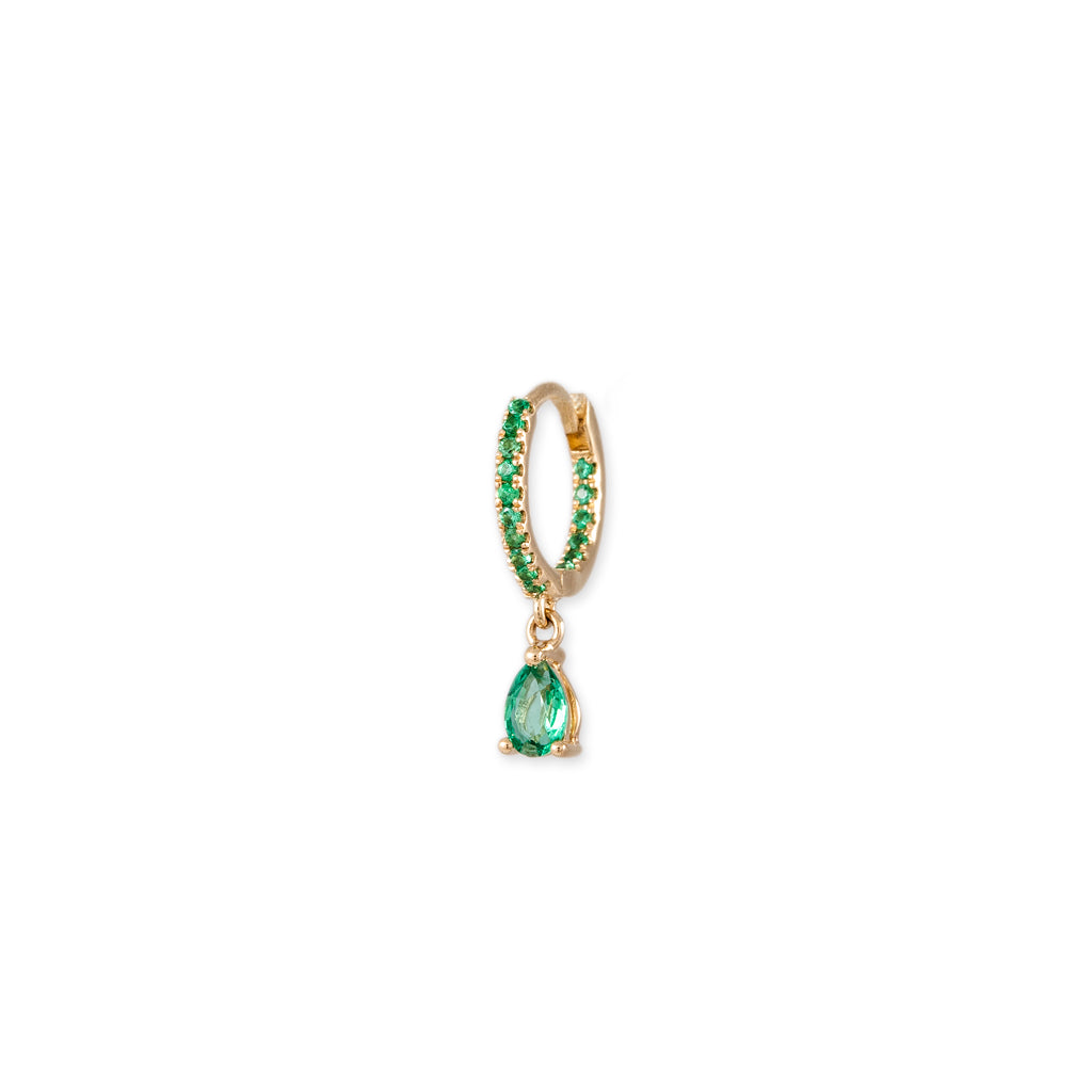 PAVE EMERALD + EMERALD TEARDROP MINI HOOP
