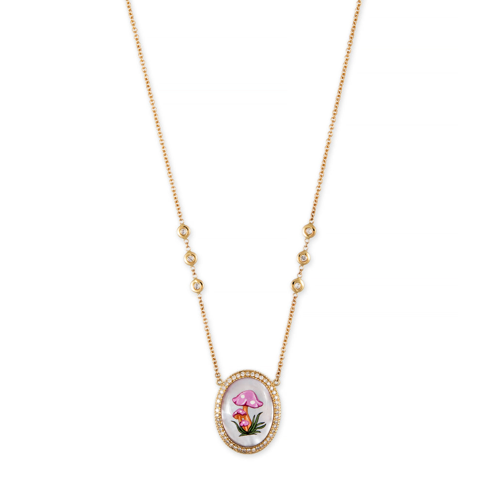 HAND PAINTED PINK MUSHROOMS ON MOTHER OF PEARL NECKLACE