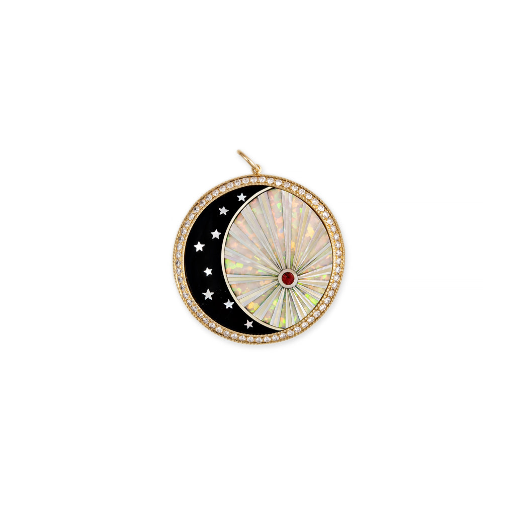 PAVE ROUND ONYX STAR CRESCENT + OPAL RAYS INLAY CHARM
