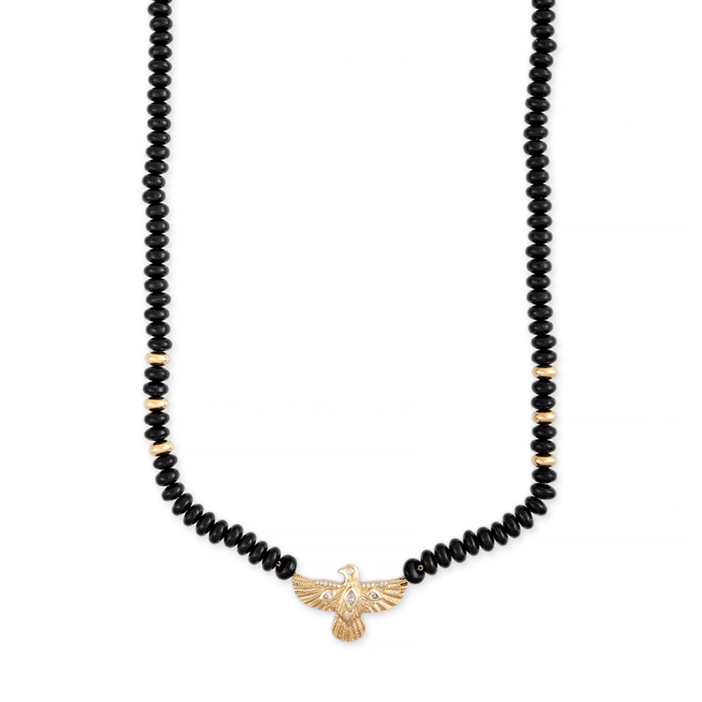 Diamond Thunderbird + Gold and Onyx Beaded Necklace