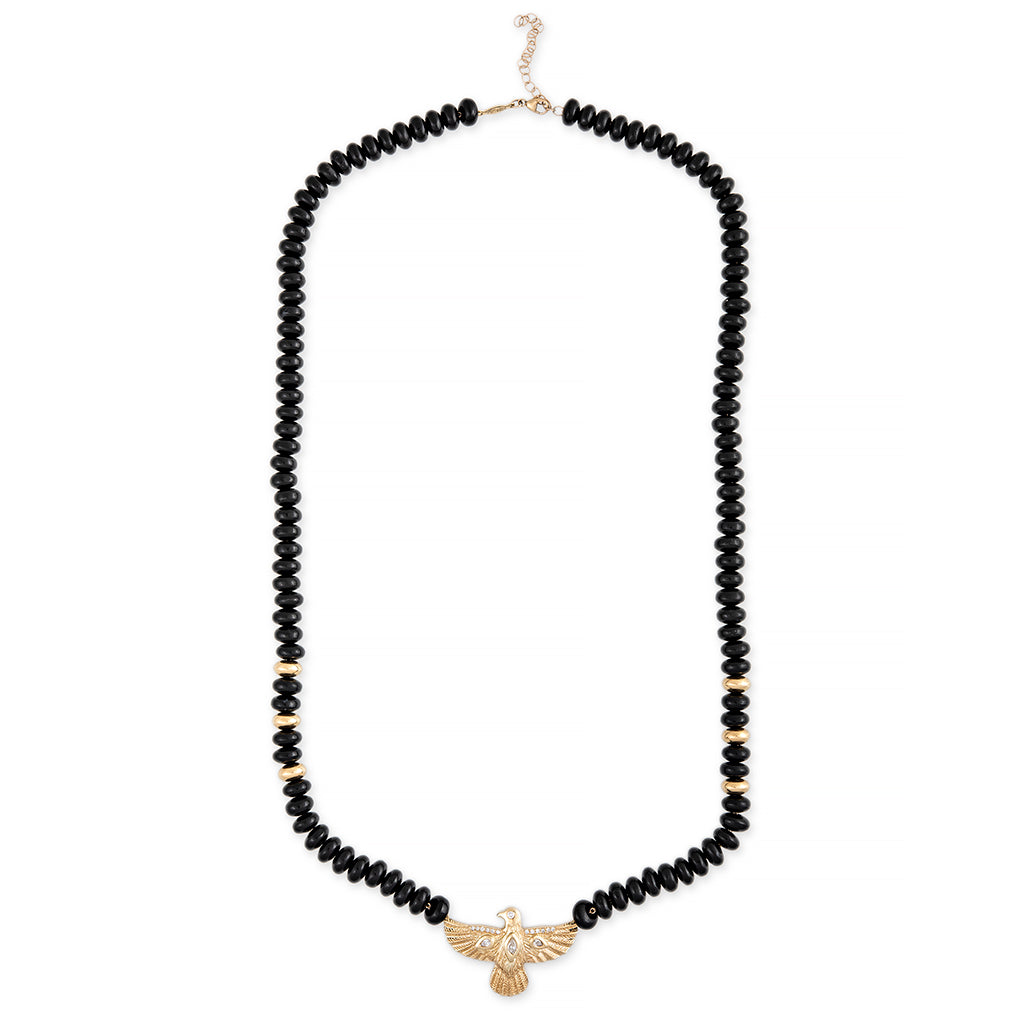 DIAMOND THUNDERBIRD + GOLD AND ONYX BEADED NECKLACE