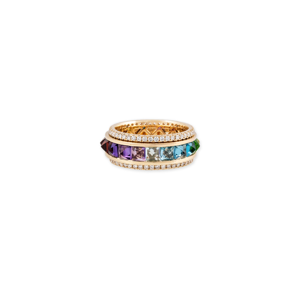 Pave Diamond Rainbow Sapphire Spike Spinner RIng