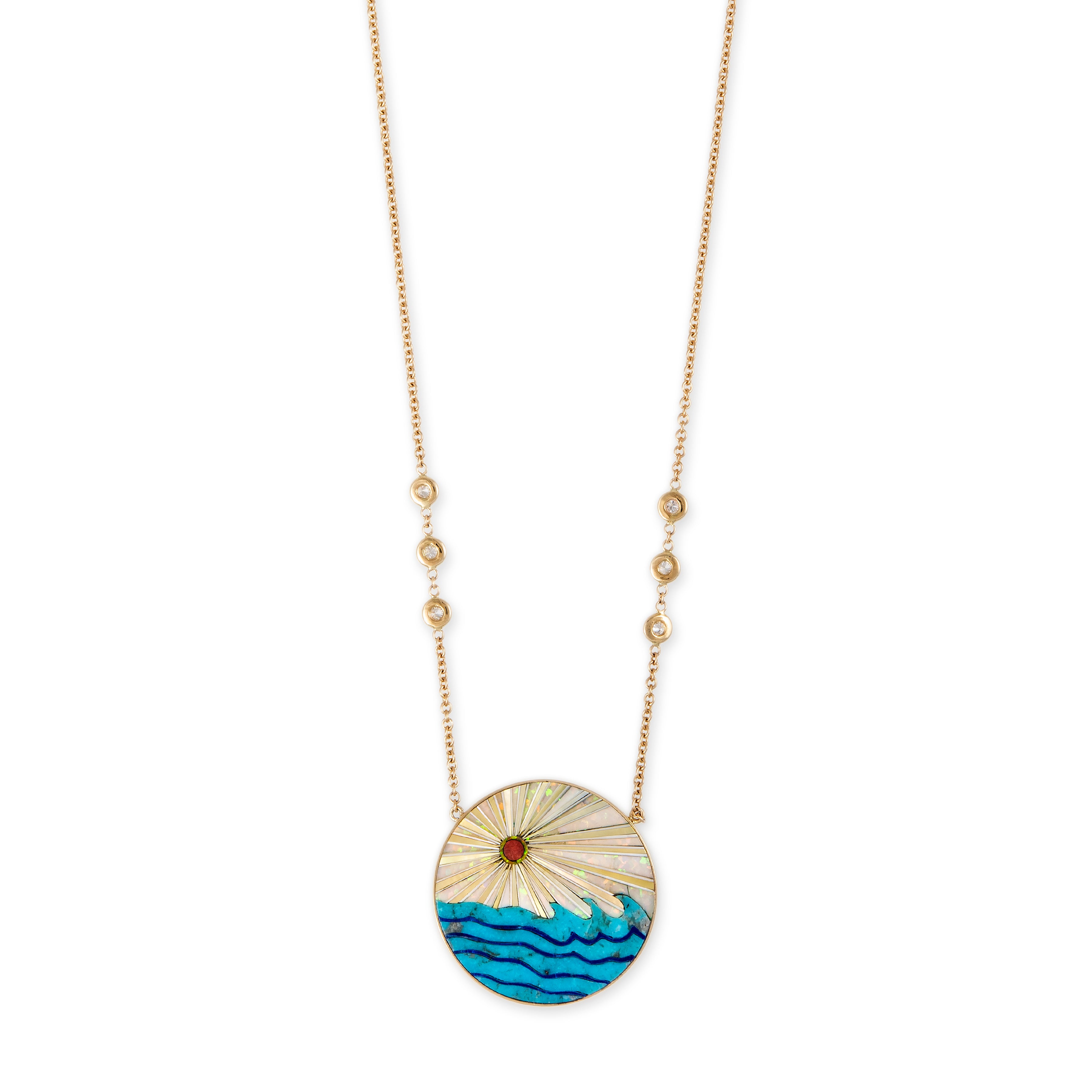 Round Opal Rays + Turquoise Waves Inlay Necklace