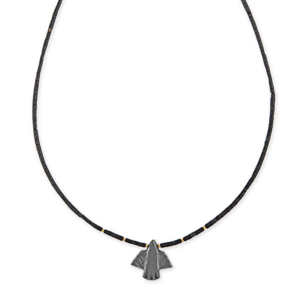 Small Hematite Thunderbird + Gold and Onyx Beaded Toggle Necklace