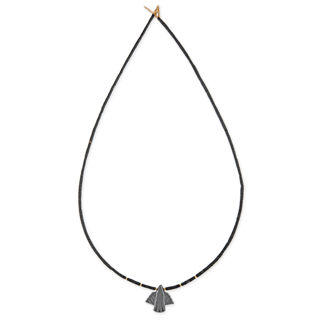 SMALL HEMATITE THUNDERBIRD + GOLD AND ONYX BEADED TOGGLE NECKLACE