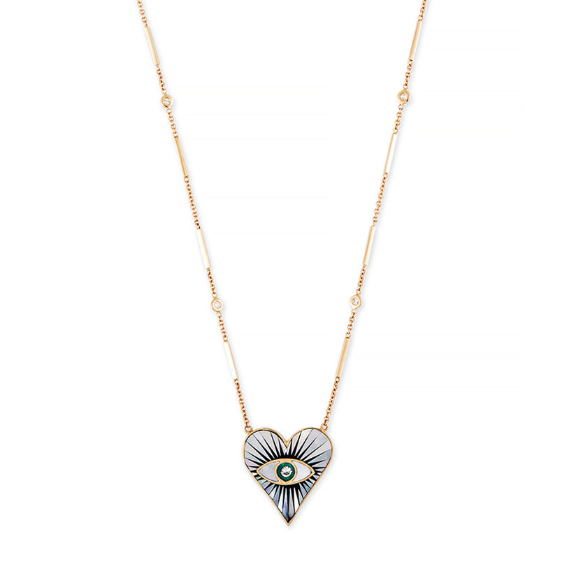 SMALL PEARL ONYX TURQUOISE INLAY EYE BURST HEART NECKLACE