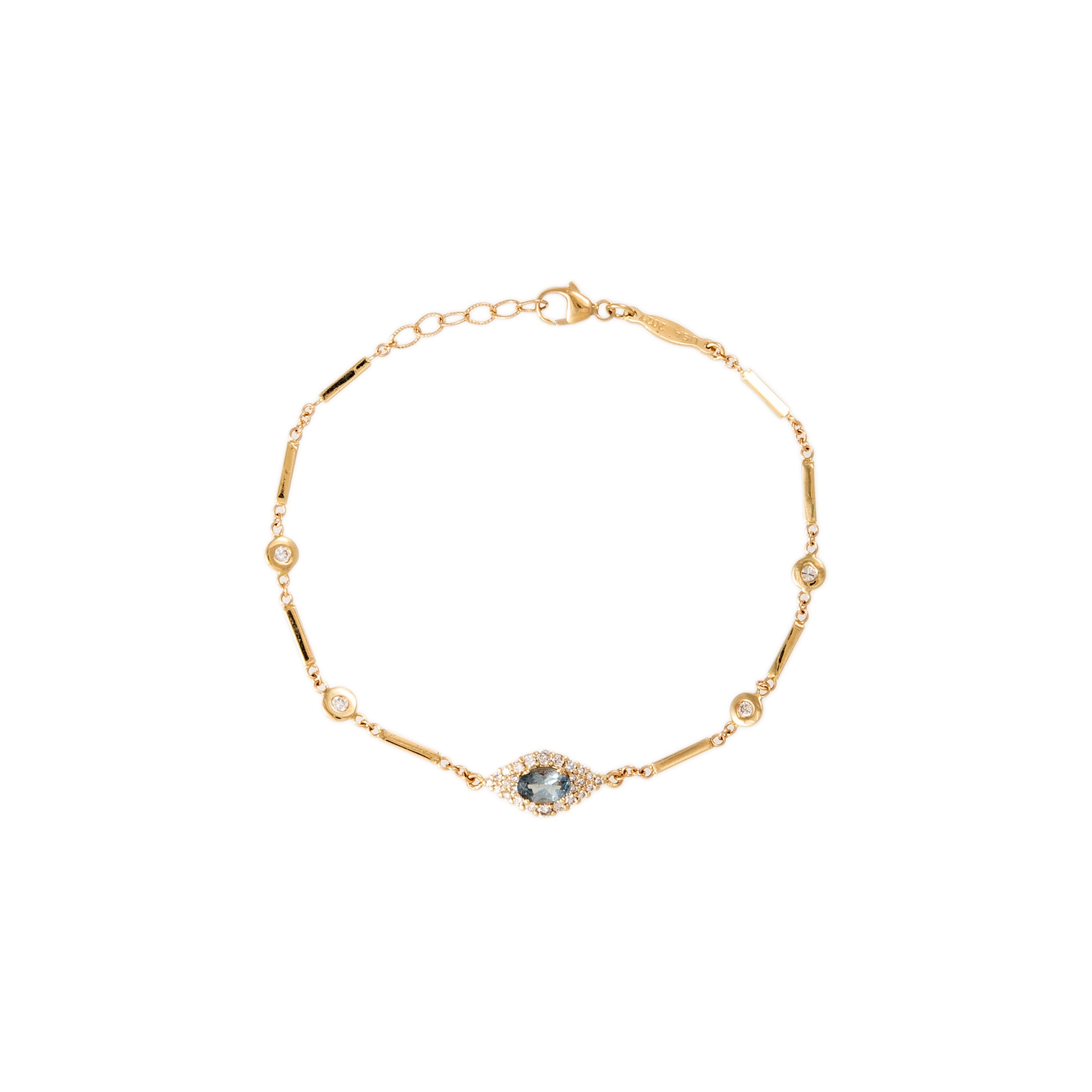 Pave Aquamarine Center Eye Diamond Smooth Bar Bracelet