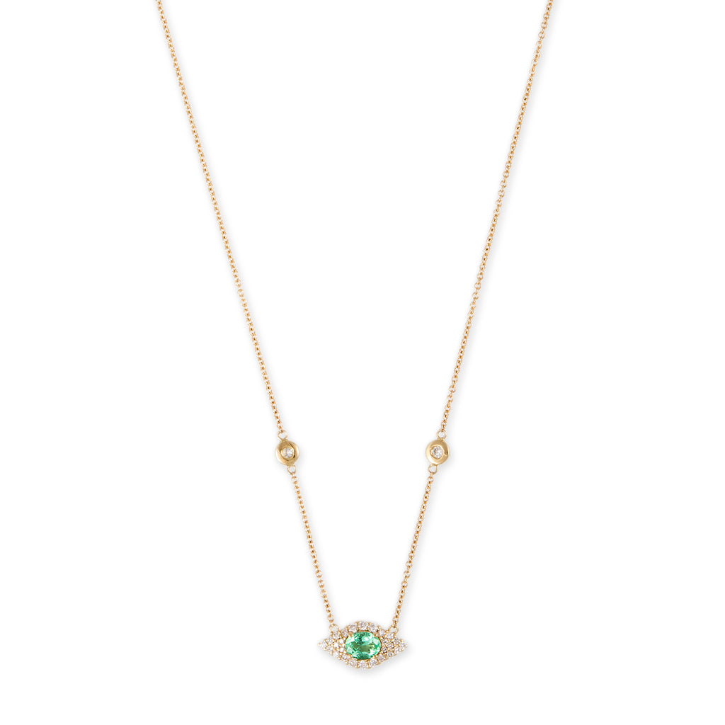 Small Pave Emerald Oval Center Eye Diamond Necklace