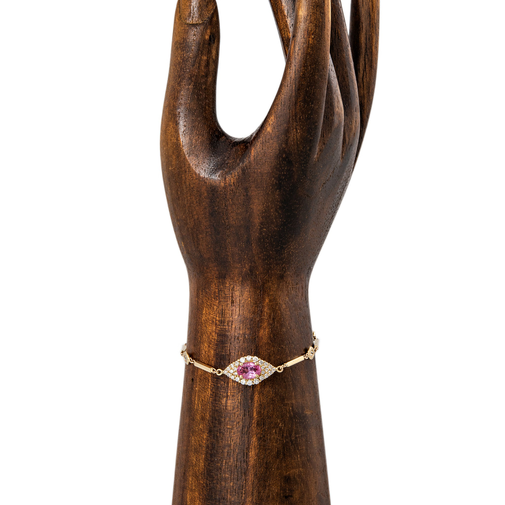Pave Pink Tourmaline Center Eye Diamond Smooth Bar Bracelet