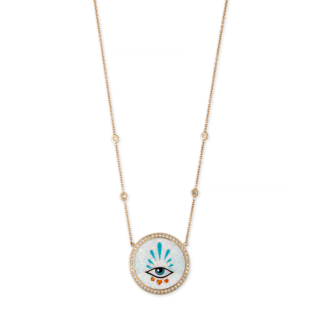 SMALL PAVE 3 HEARTS EYE BURST OPAL INLAY NECKLACE