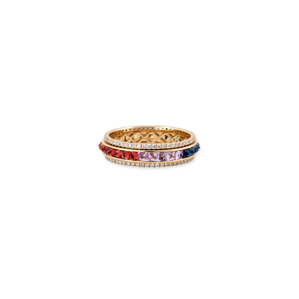 Thin Pave Diamond Rainbow Sapphire Spike Spinner RIng