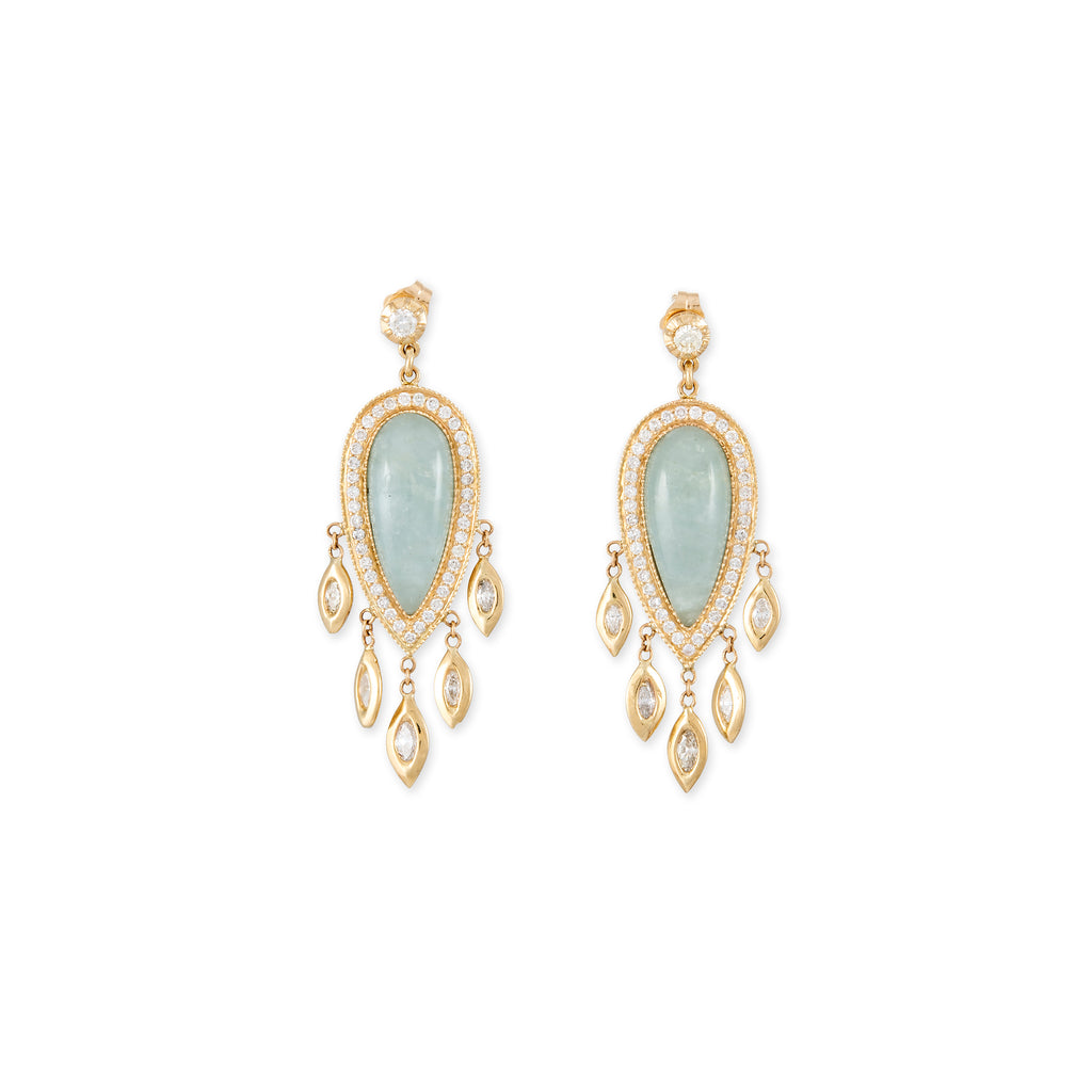 PAVE AQUAMARINE TEARDROP + MARQUISE DIAMOND SHAKERS DROP EARRINGS