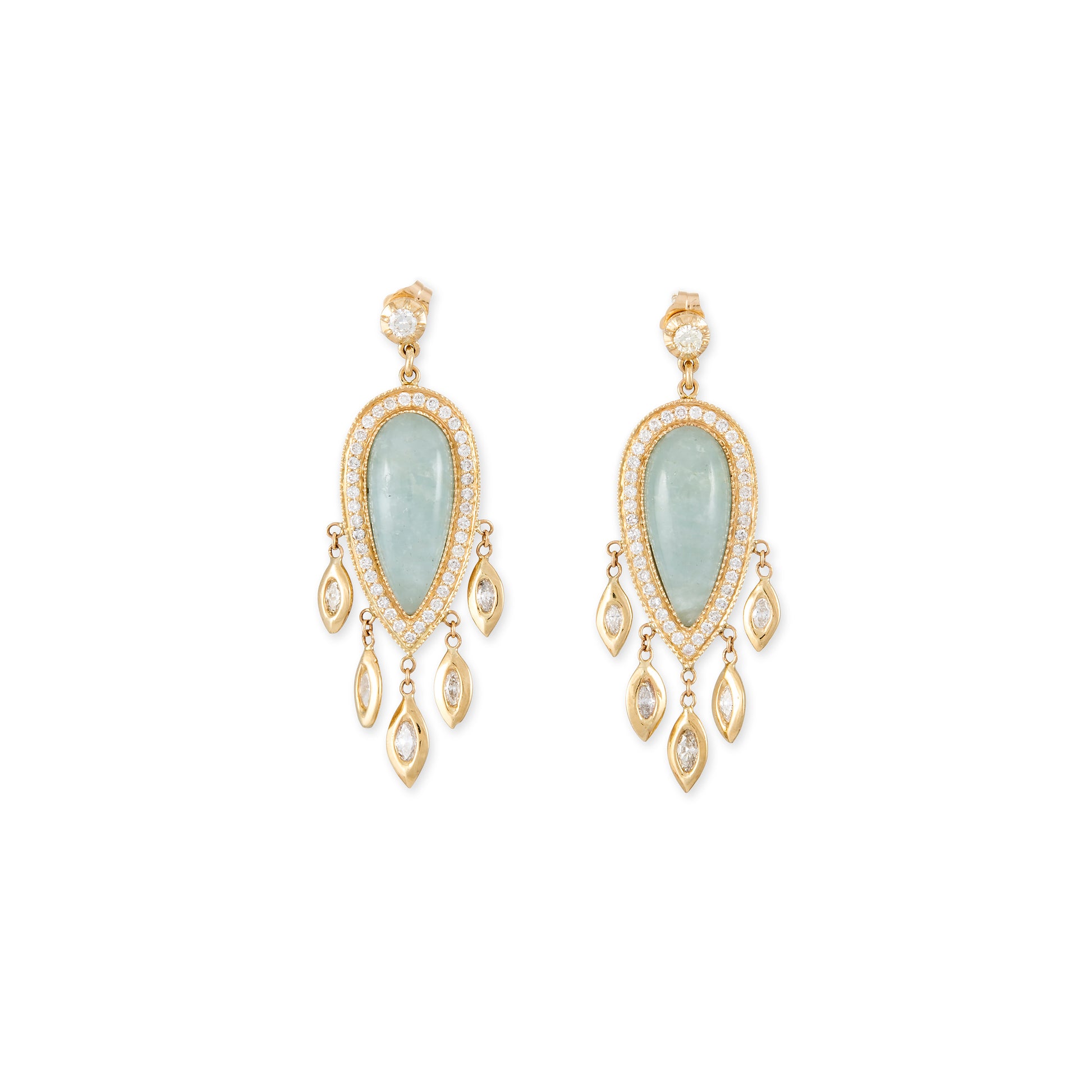 PAVE AQUAMARINE TEARDROP + MARQUISE DIAMOND SHAKERS DROP EARRINGS