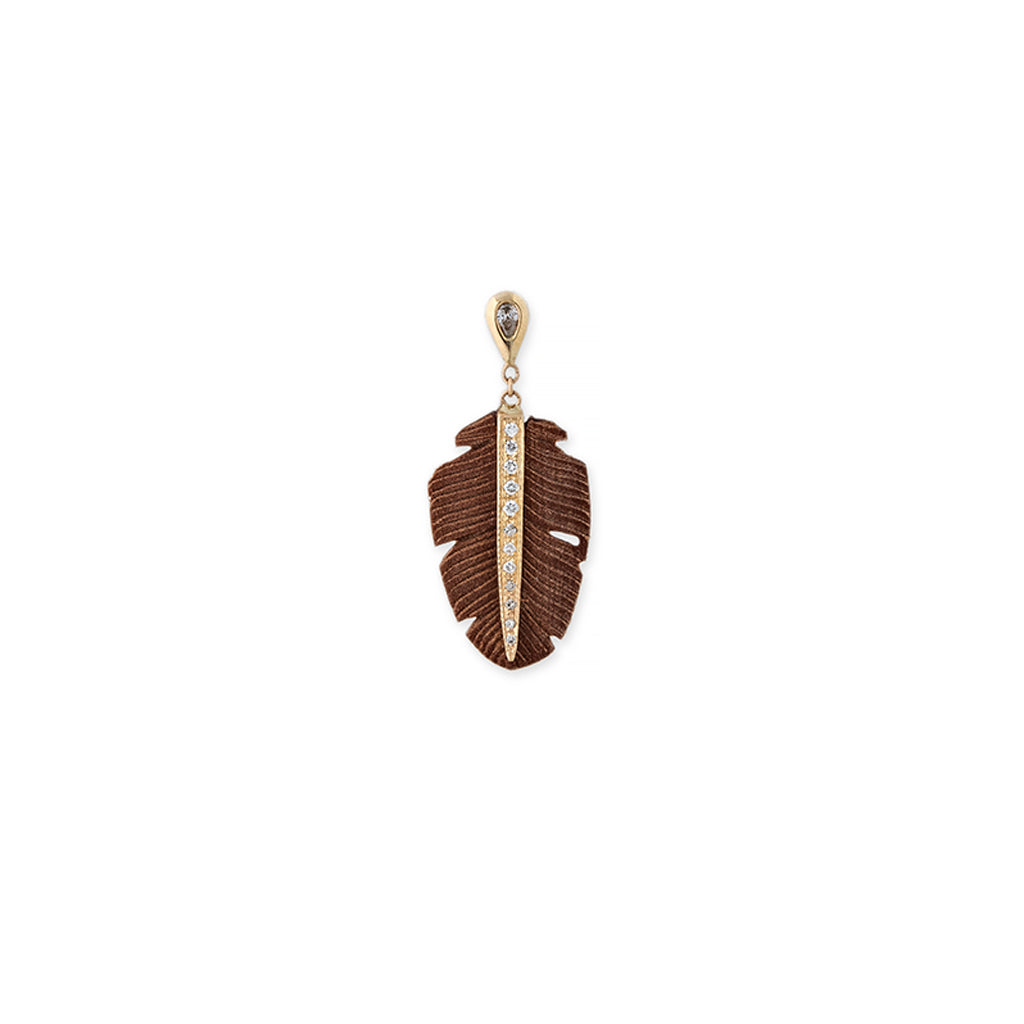 Teardrop Diamond + Pave Wood Feather Drop Stud Earring