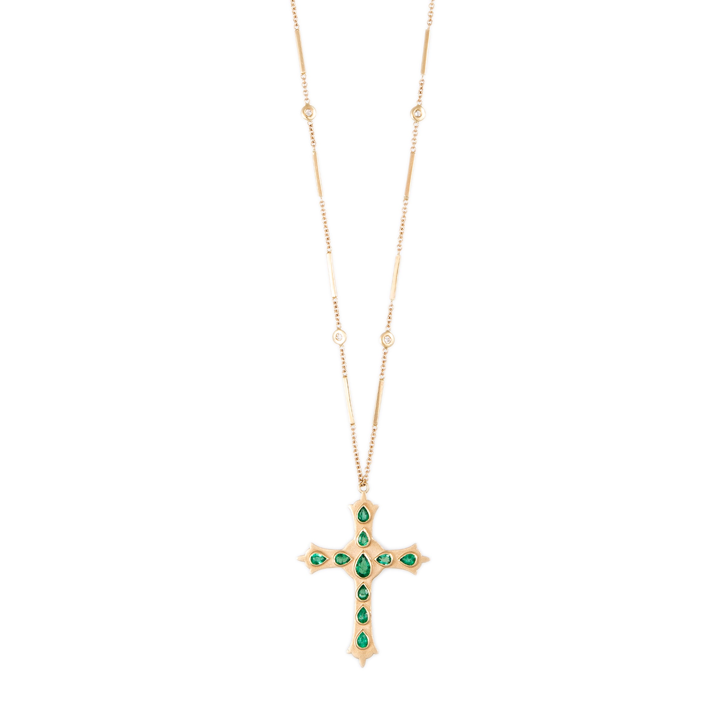LARGE EMERALD TEARDROP GOTHIC CROSS SMOOTH BAR NECKLACE
