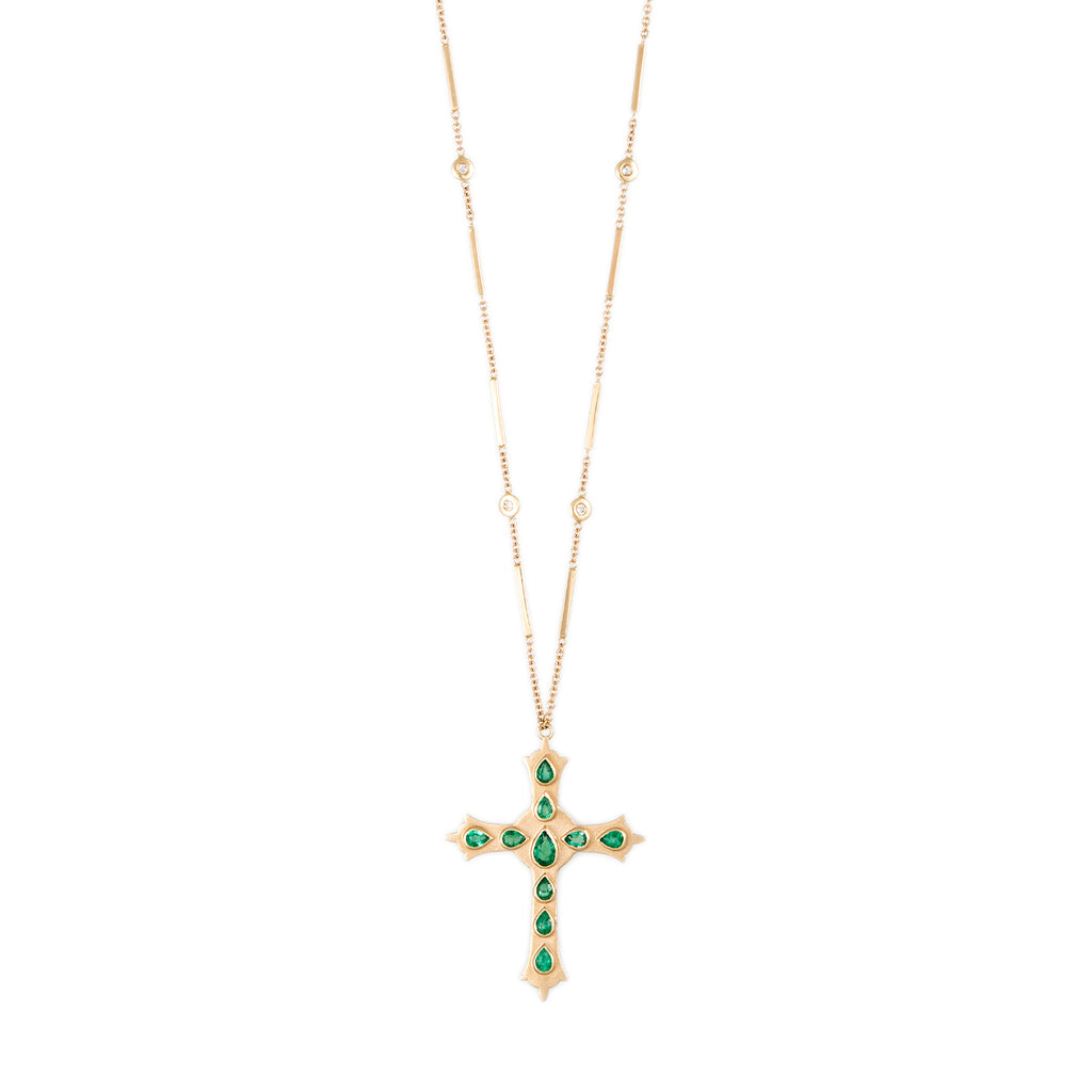 Large Emerald Teardrop Gothic Cross Smooth Bar Necklace