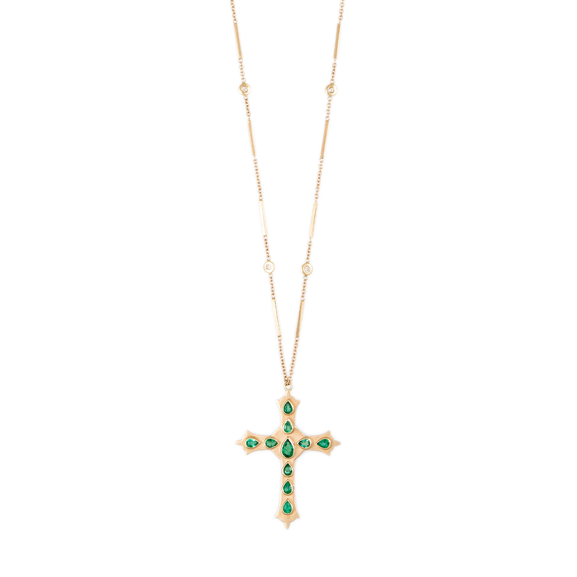 Large Emerald Teardrop Gothic Cross Smooth Bar Necklace