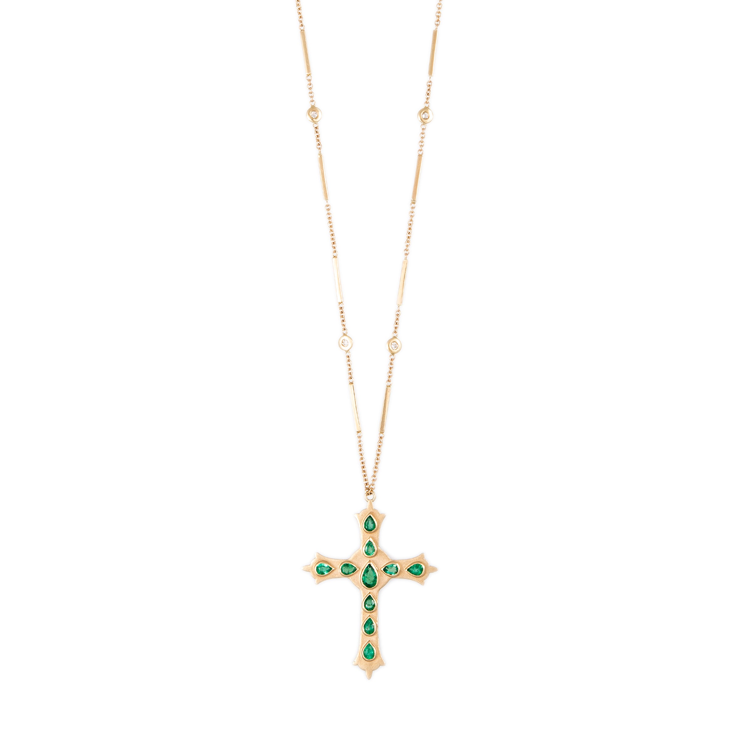 Large Emerald Teardrop Gothic Cross Smooth Bar Necklace