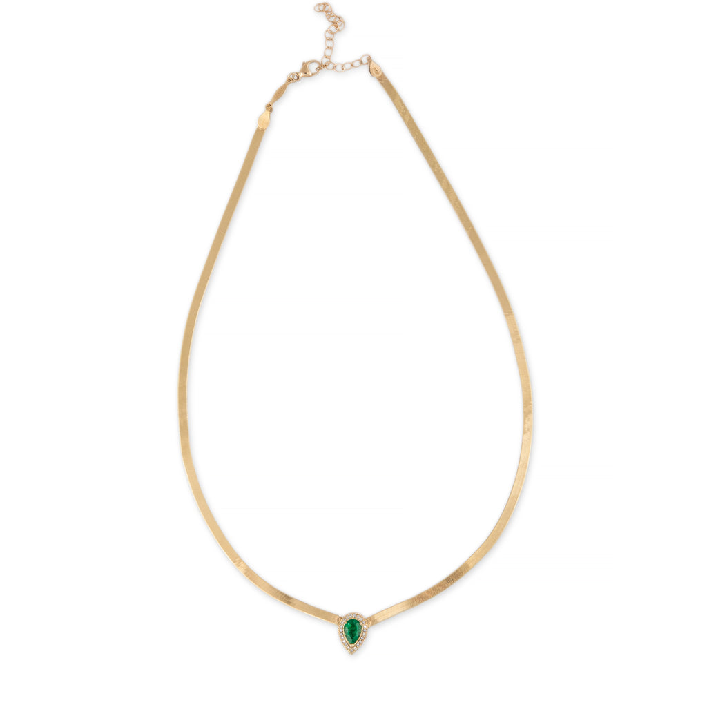 Pave Emerald Teardrop Herringbone Necklace