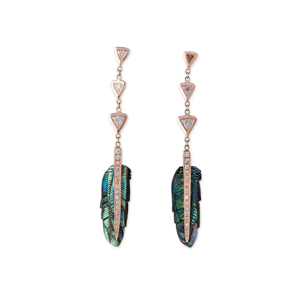 PAVE ABALONE FEATHER + 3 TRILLION DROP EARRING