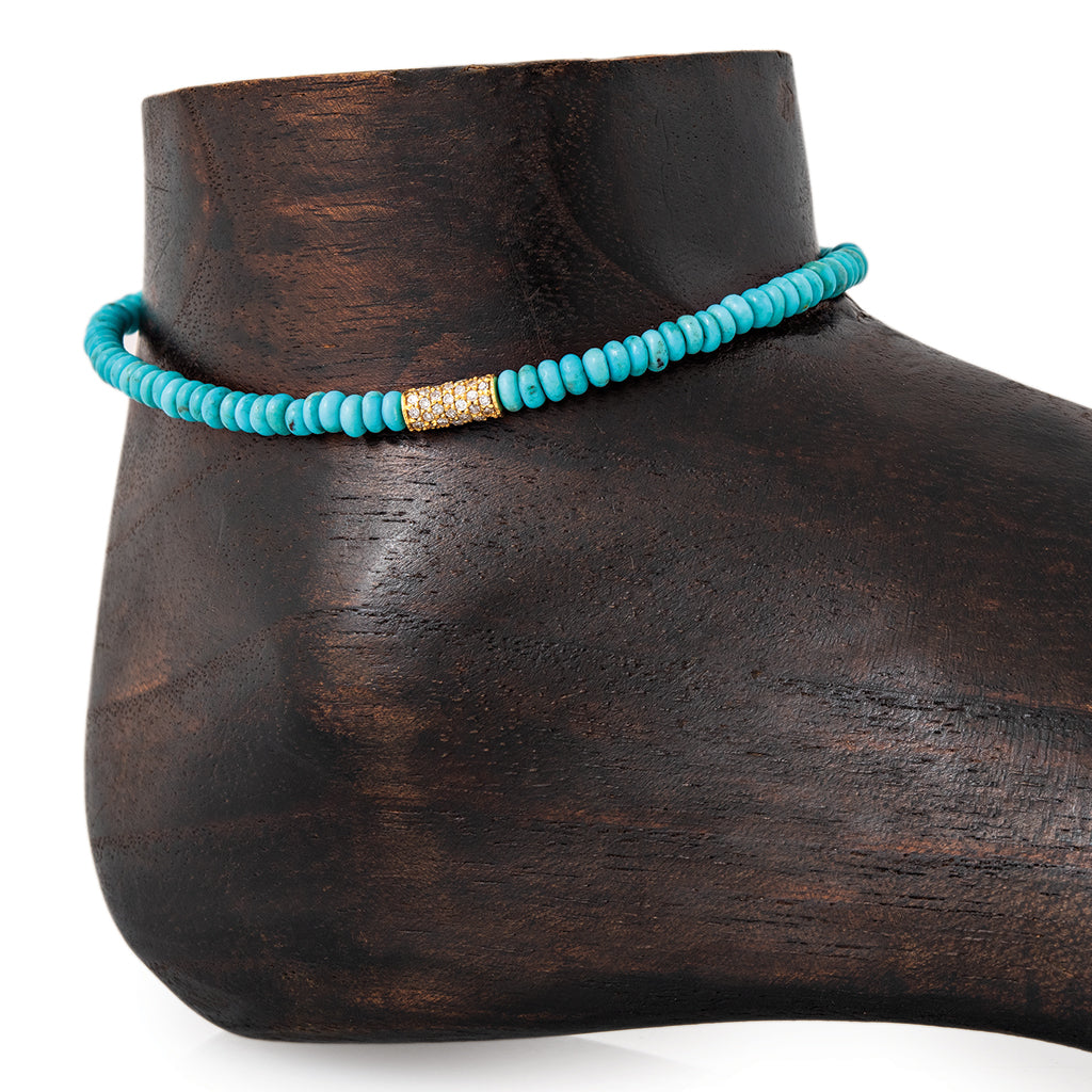 Pave Tube Bead Turquoise Beaded Anklet