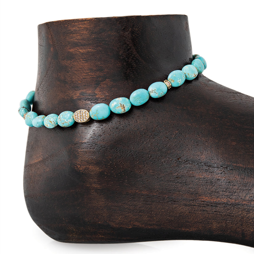 PAVE OVAL, 4 PAVE RONDELLE, OVAL BEADED TURQUOISE ANKLET