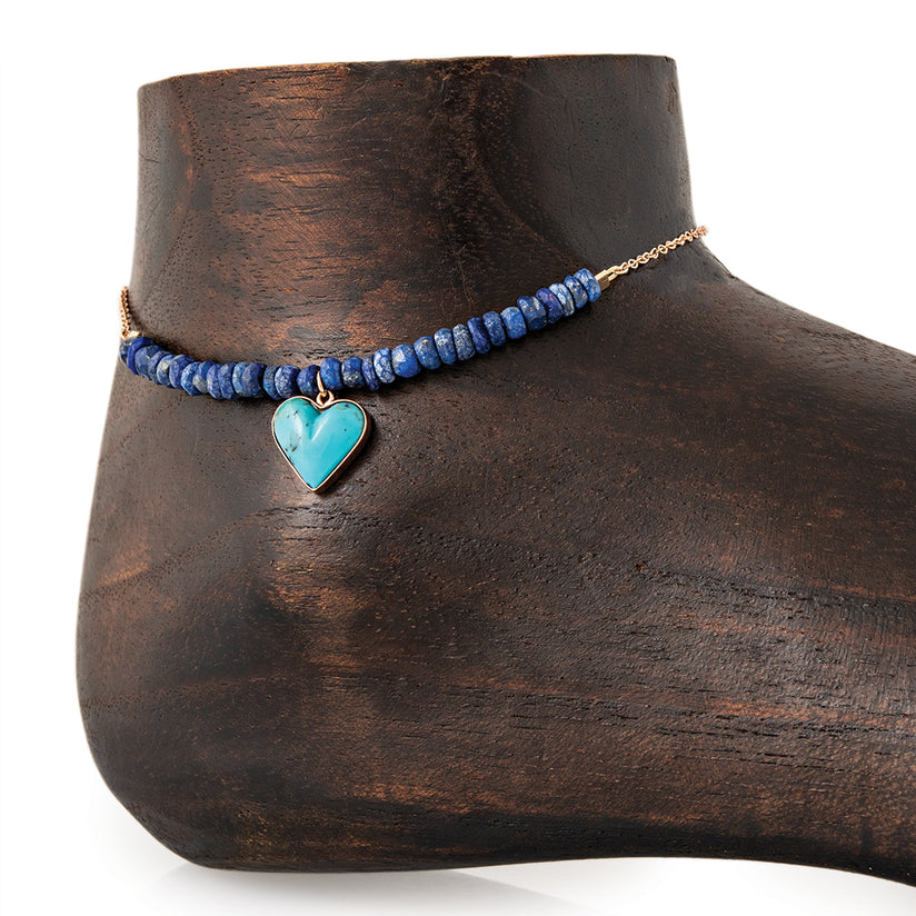 MINI TURQUOISE HEART CHARM PARTIAL LAPIS BEADED ANKLET