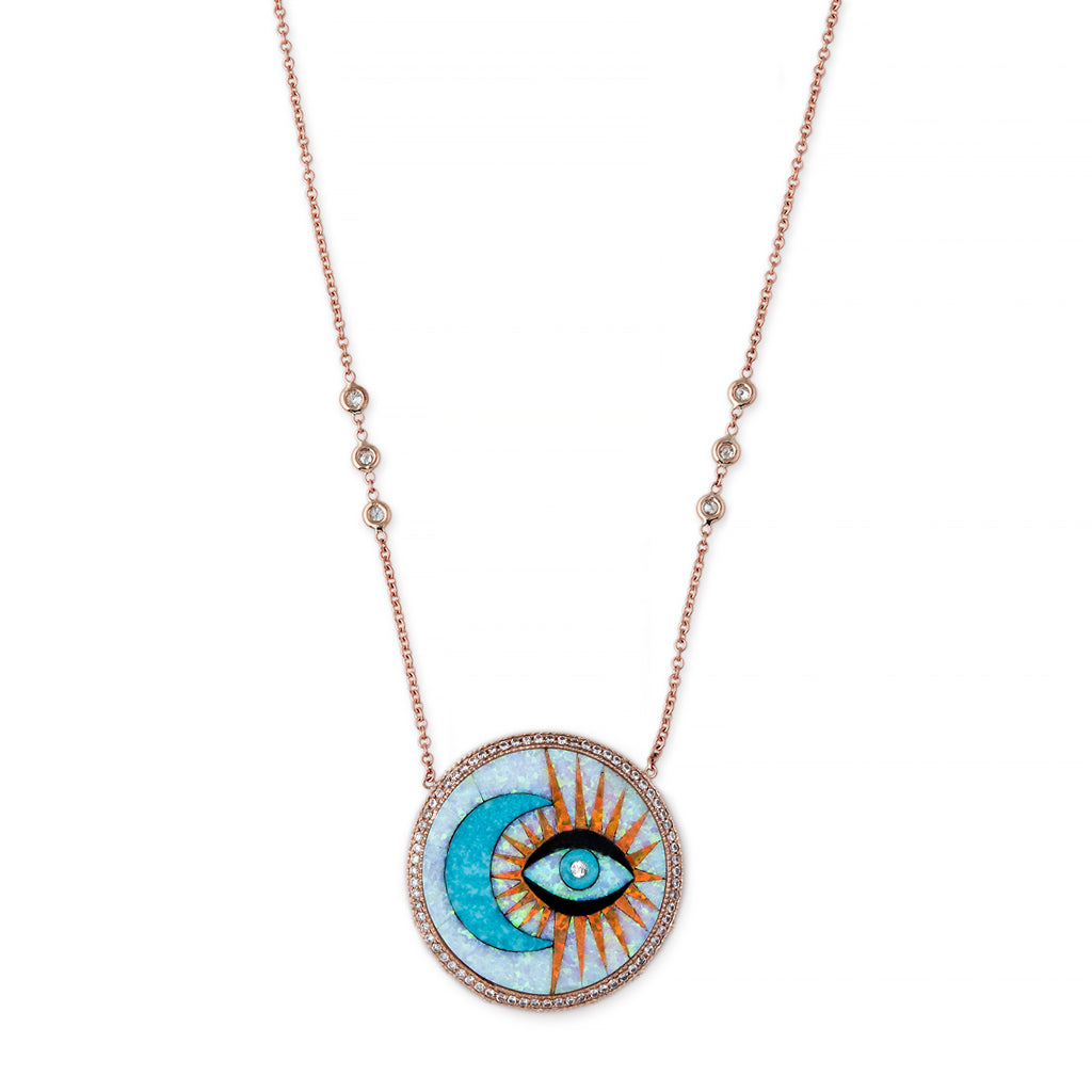 PAVE TURQUOISE MOON + OPAL EYE BURST INLAY NECKLACE