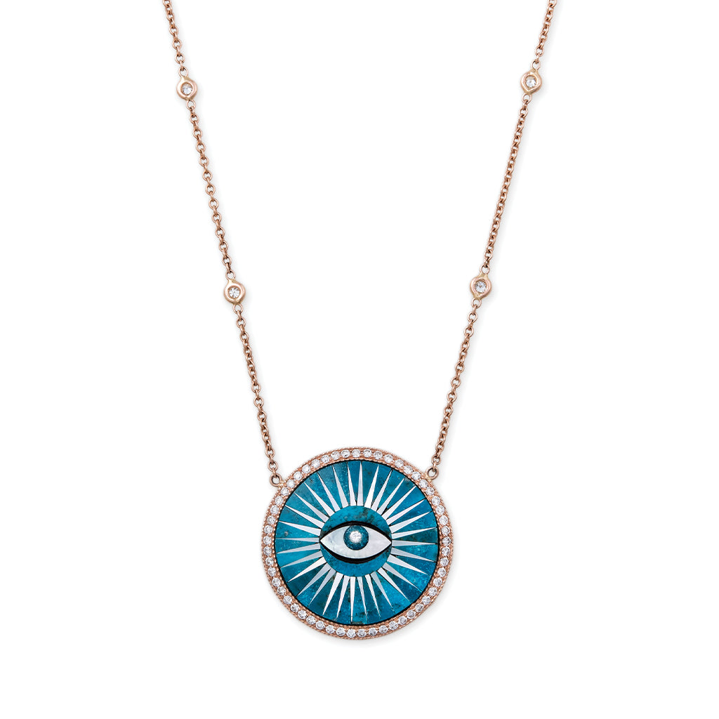 SMALL PAVE ROUND EYE BURST TURQUOISE PEARL INLAY NECKLACE