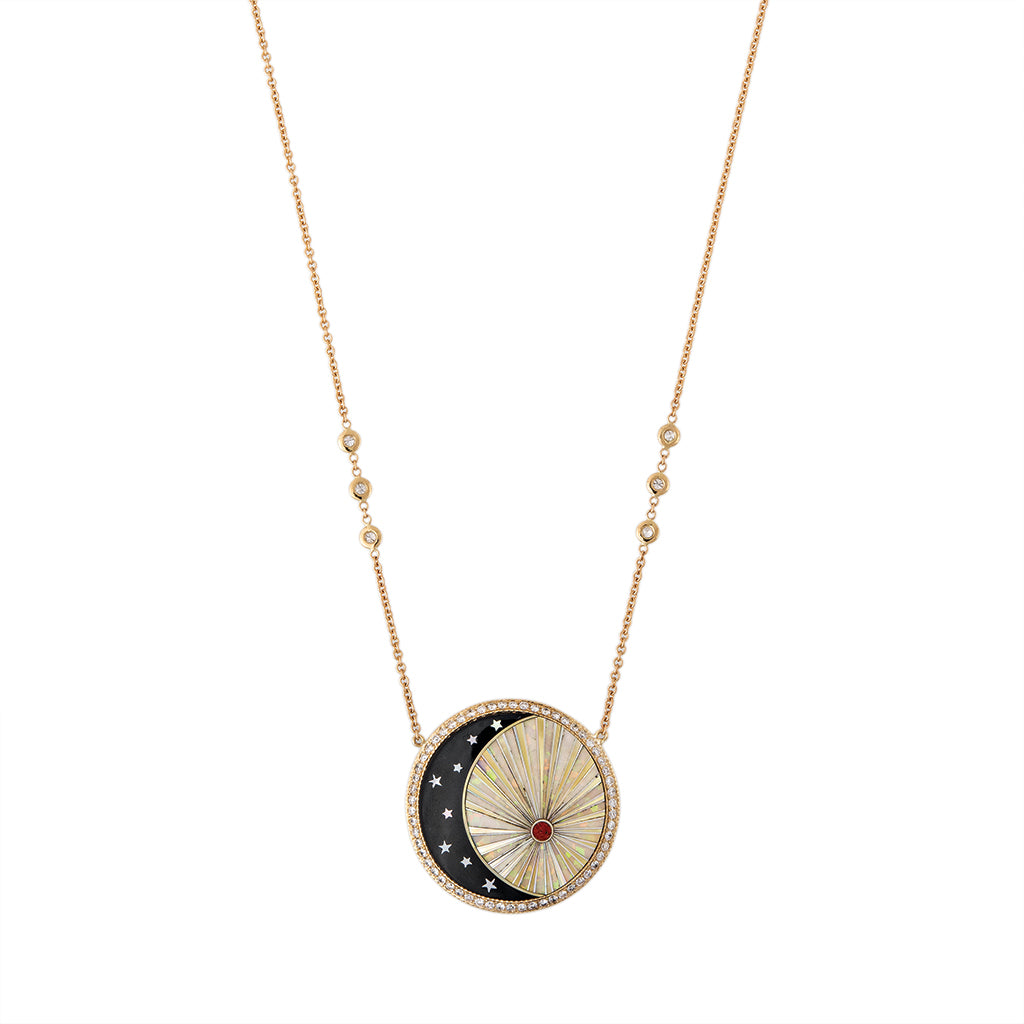 Pavé Round Onyx Star Crescent + Opal Rays Inlay Necklace